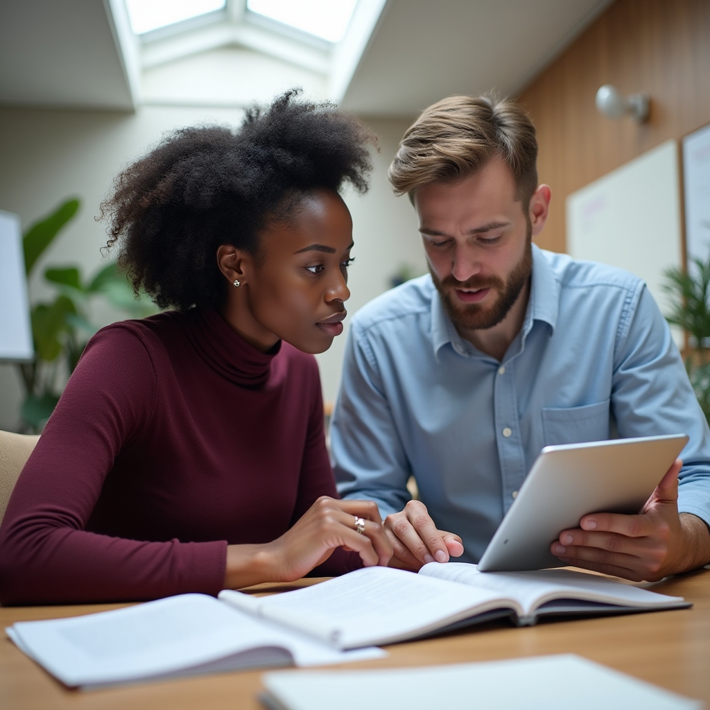 Zwei Personen im Gespräch über finanzielle Konzepte an einem modernen Arbeitsplatz mit Büchern und Notizen