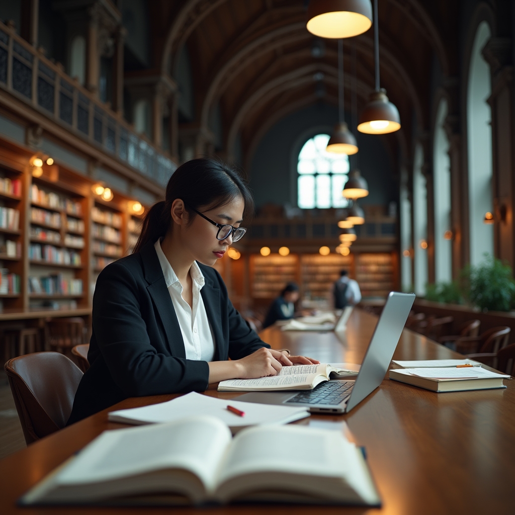 Person recherchiert in einer modernen Bibliothek mit Fachbüchern zu Wirtschaft und Finanzen, umgeben von natürlichem Licht und ruhiger Atmosphäre